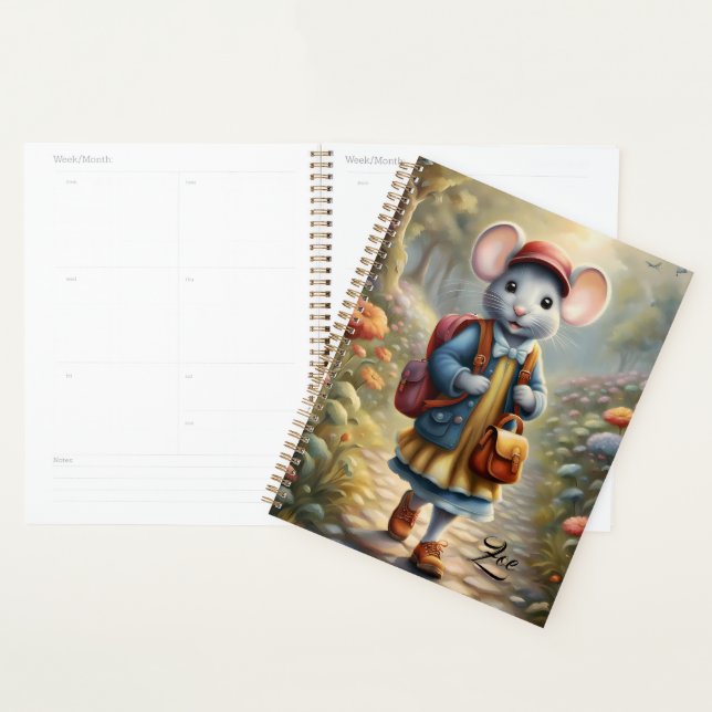 Cute mouse girl on her way to school,personalised  planner (Display)