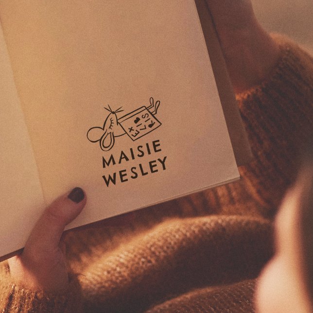 Cute Mouse Hand Drawn Personalised Name Ex Libris Self-inking Stamp (Rubber Stamp Mock-up)