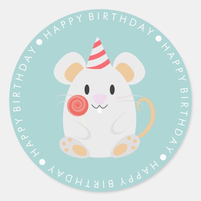 Cute Mouse Happy Birthday Classic Round Sticker (Front)