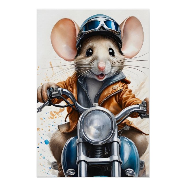 Cute Mouse Helmet Riding a Motorcycle  Poster (Front)