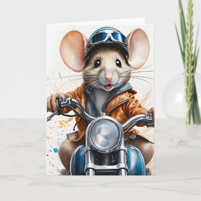 Cute Mouse Helmet Riding Motorcycle Blank Greeting Card (Front)