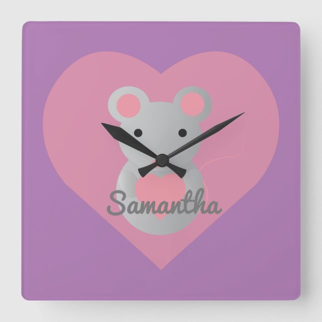 Cute  Mouse Holding a Heart. Square Wall Clock (Front)