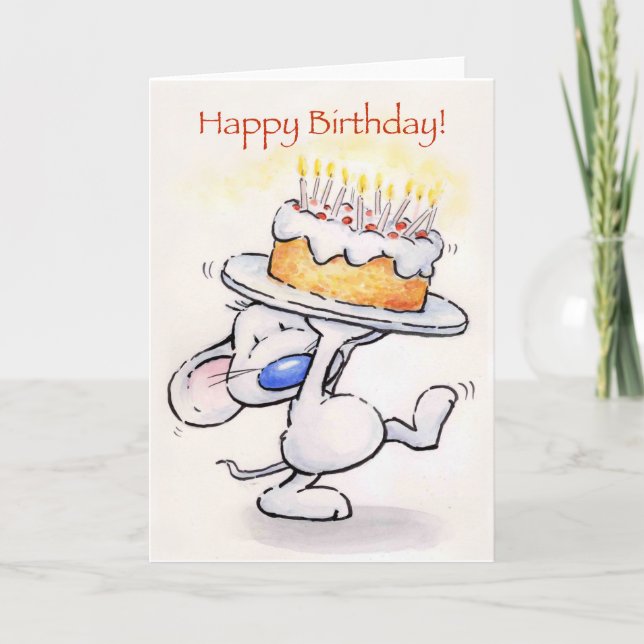 Cute mouse holding big cake, Happy Birthday! Card (Front)