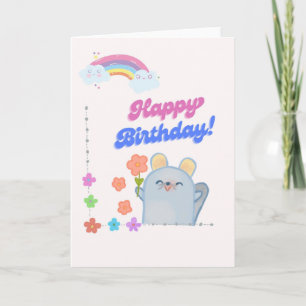 Cute Mouse Holding Flower Happy Birthday Card - Ka