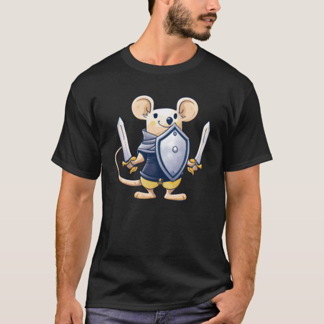 Cute Mouse Holding Sword and Shield Middle Ages Gr T-Shirt (Front)