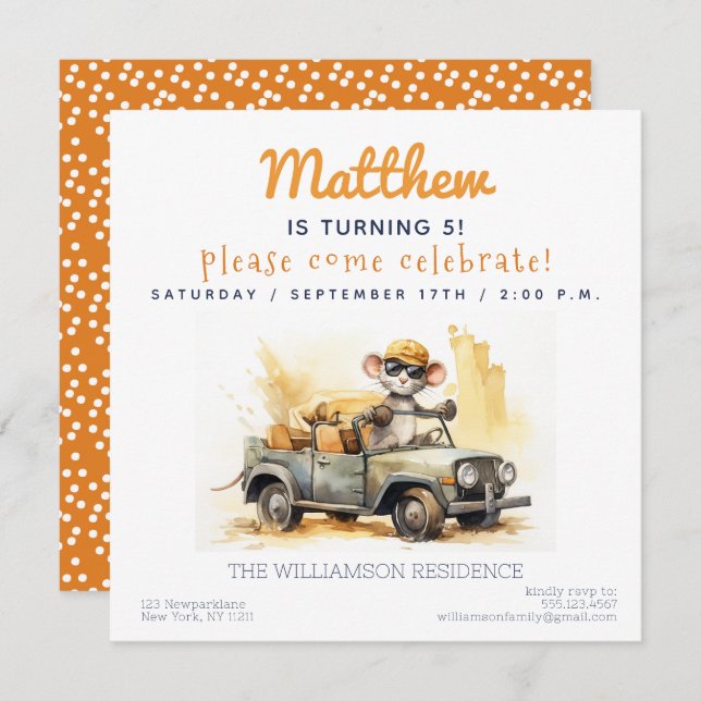 Cute Mouse in a Car Kids Birthday Party Invitation (Front/Back)