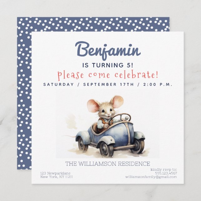 Cute Mouse in a Car Kids Birthday Party Invitation (Front/Back)