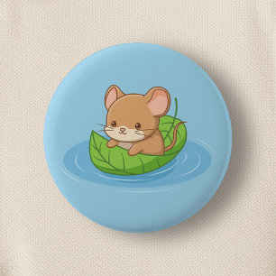Cute Mouse in a Leaf Boat Blue 6 Cm Round Badge