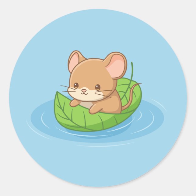 Cute Mouse in a Leaf Boat Blue Classic Round Sticker (Front)