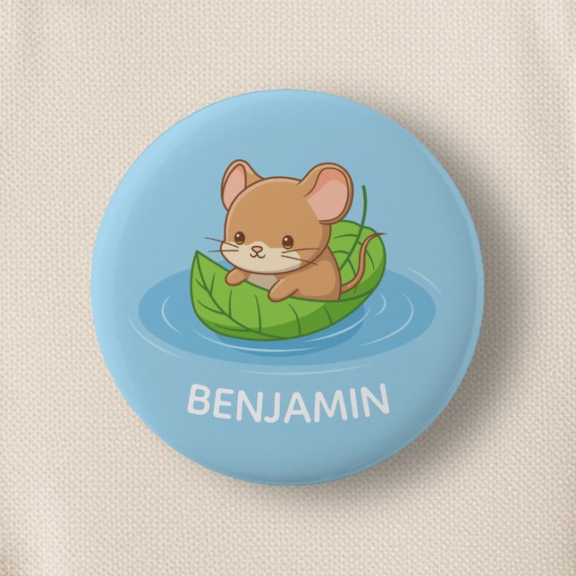 Cute Mouse in a Leaf Boat Blue Custom Name 6 Cm Round Badge (Creator Uploaded)