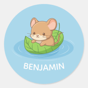Cute Mouse in a Leaf Boat Blue Custom Name Classic Round Sticker