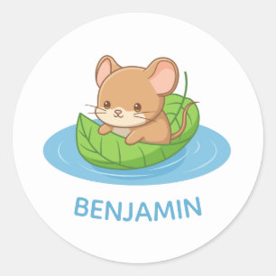 Cute Mouse in a Leaf Boat Custom Name Classic Round Sticker