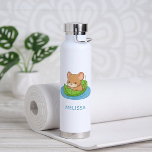 Cute Mouse in a Leaf Boat Custom Name Water Bottle