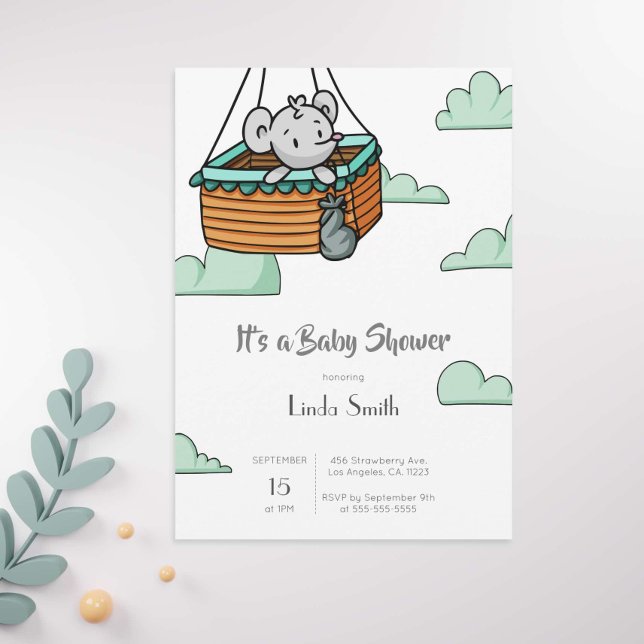 Cute Mouse in Ballon Basket Neutral Baby Shower Invitation (Creator Uploaded)
