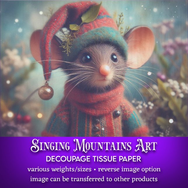 Cute Mouse In Christmas Elf Hat Decoupage Tissue Paper (Creator Uploaded)