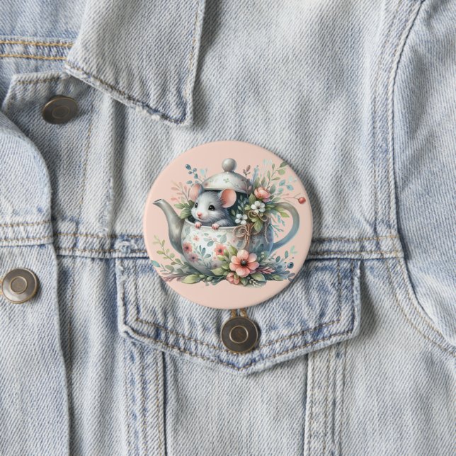 Cute Mouse in Floral Teapot Illustration 7.5 Cm Round Badge (In Situ)
