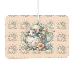 Cute Mouse in Floral Teapot Illustration Car Air Freshener