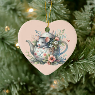 Cute Mouse in Floral Teapot Illustration Ceramic Ornament