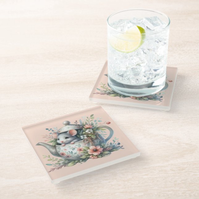 Cute Mouse in Floral Teapot Illustration Glass Coaster (Angled)