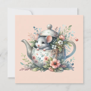Cute Mouse in Floral Teapot Illustration Holiday Card