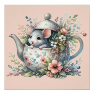 Cute Mouse in Floral Teapot Illustration Poster