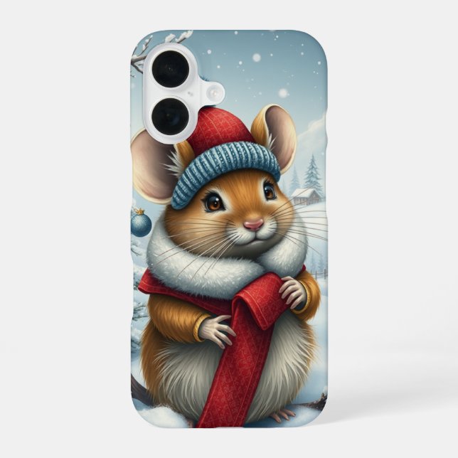 Cute Mouse in Preppy Winter Attire and Hat iPhone 16 Case (Back)