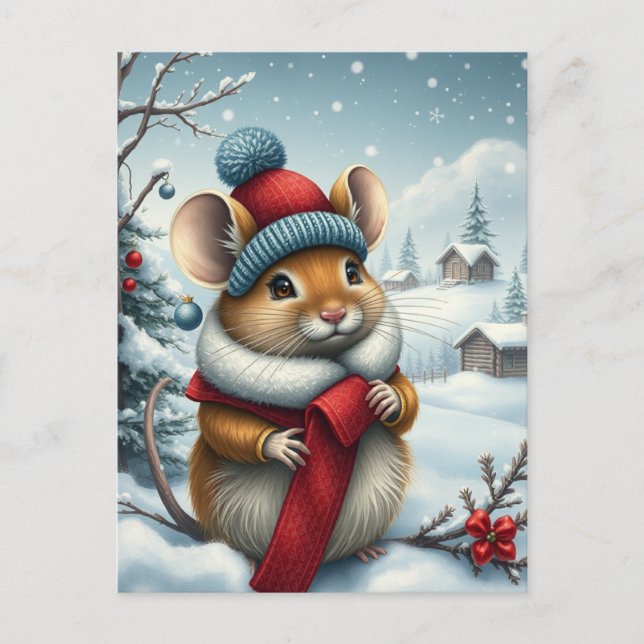 Cute Mouse in Preppy Winter Attire and Hat Winter Holiday Postcard (Front)