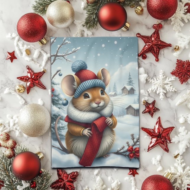 Cute Mouse in Preppy Winter Attire and Hat Winter Tea Towel (Creator Uploaded)