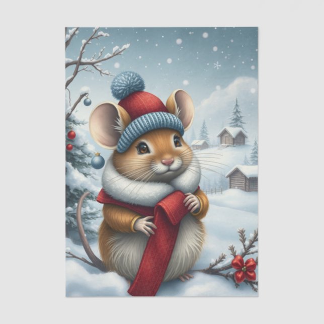 Cute Mouse in Preppy Winter Attire and Hat Winter Tissue Paper (Front)