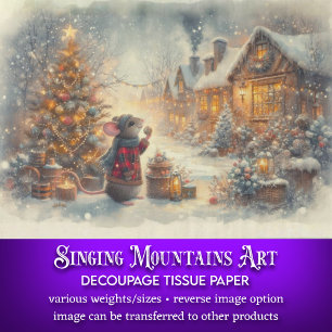 Cute Mouse In Vintage Christmas Village Decoupage Tissue Paper