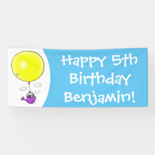 Cute mouse in watering can with balloon cartoon banner