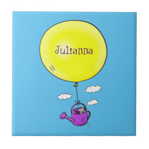 Cute mouse in watering can with balloon cartoon ceramic tile