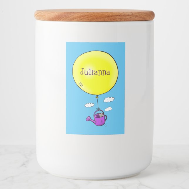 Cute mouse in watering can with balloon cartoon food label (Front)