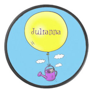 Cute mouse in watering can with balloon cartoon hockey puck