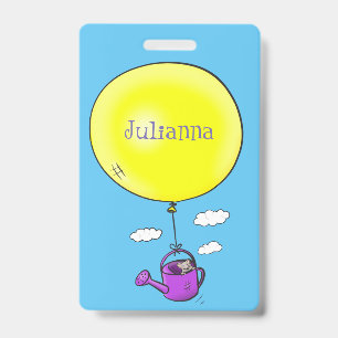 Cute mouse in watering can with balloon cartoon ID badge