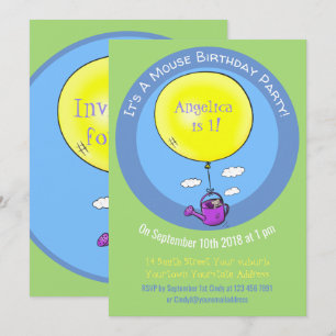 Cute mouse in watering can with balloon cartoon invitation