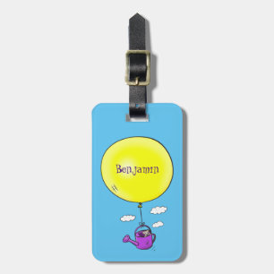 Cute mouse in watering can with balloon cartoon luggage tag