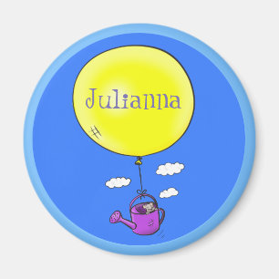 Cute mouse in watering can with balloon cartoon magnet