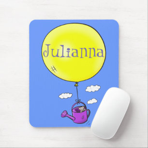 Cute mouse in watering can with balloon cartoon pad