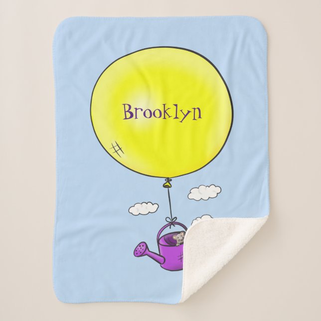 Cute mouse in watering can with balloon cartoon  sherpa blanket (Front)