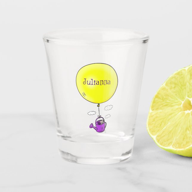 Cute mouse in watering can with balloon cartoon shot glass (Front)