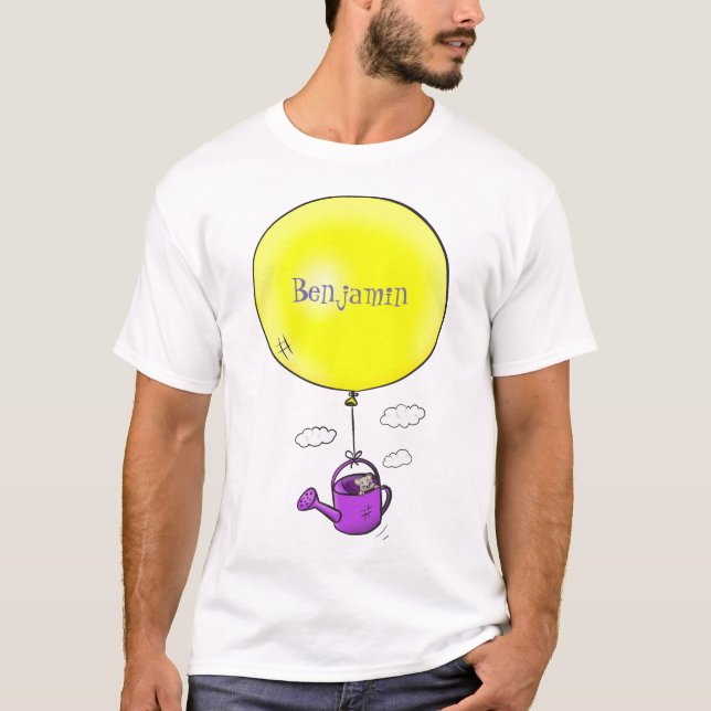 Cute mouse in watering can with balloon cartoon T-Shirt (Front)