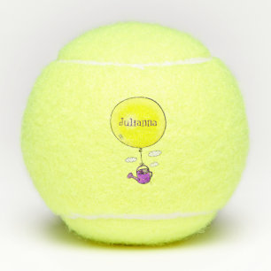 Cute mouse in watering can with balloon cartoon tennis balls