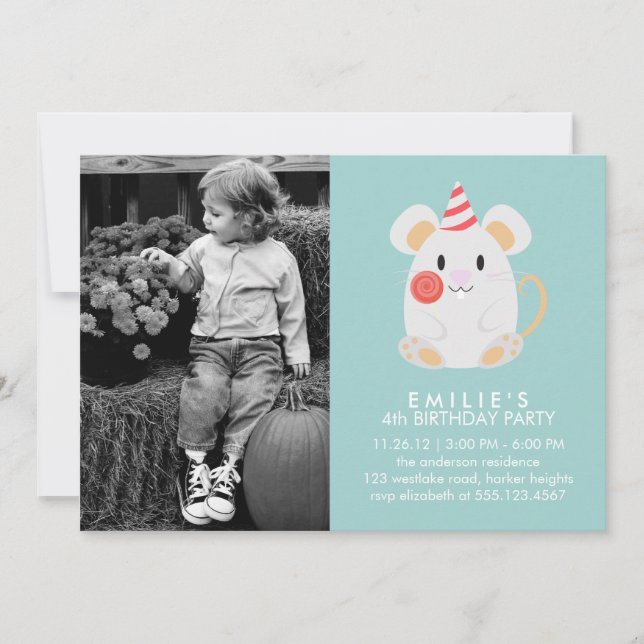 Cute Mouse Kids Photo Birthday Party Invitation (Front)