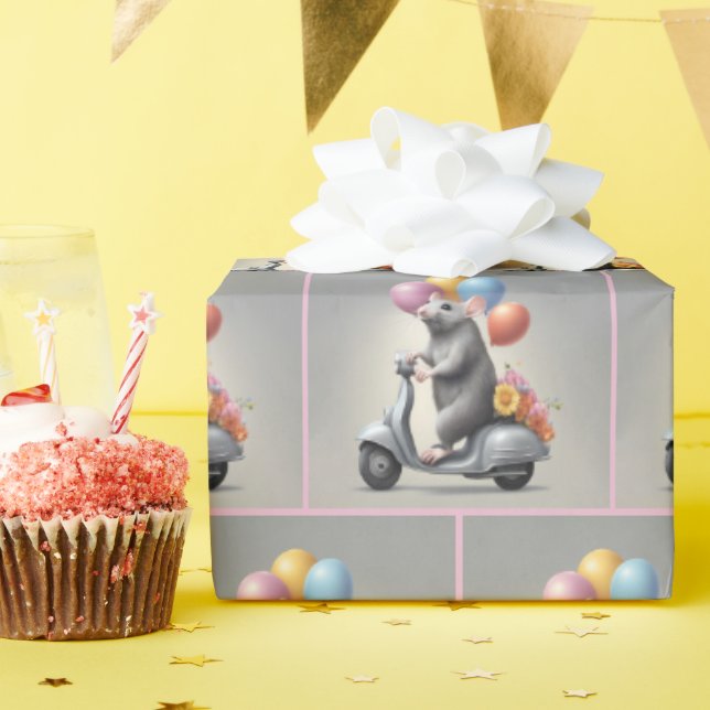 Cute Mouse On a Scooter Wrapping Paper (Birthday Party)