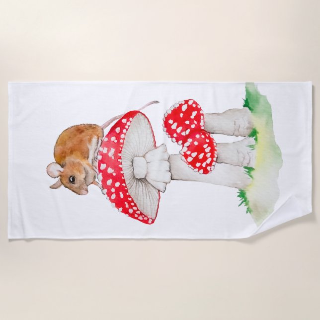 Cute mouse on fly agaric watercolor beach towel (Front)