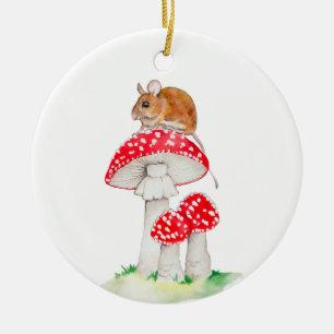 Cute mouse on fly agaric watercolor ceramic ornament