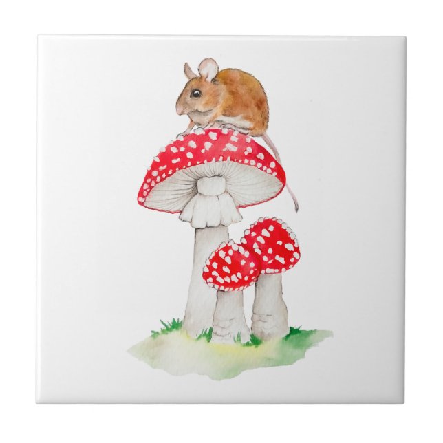 Cute mouse on fly agaric watercolor ceramic tile (Front)