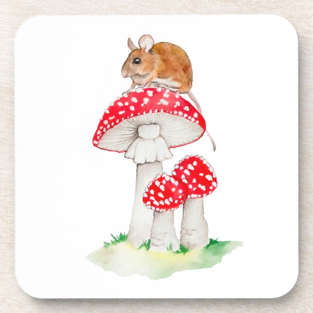 Cute mouse on fly agaric watercolor coaster (Front)