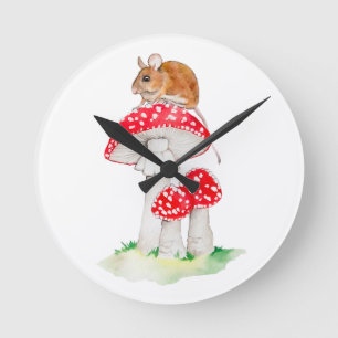 Cute mouse on fly agaric watercolor round clock